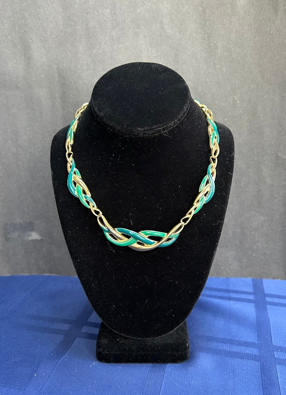 Vintage Trifari Teal green and Gold Necklace - image 1