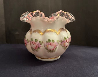 Vintage FENTON Beaded Melon Vase, Pink Encased Overlay, Ruffled