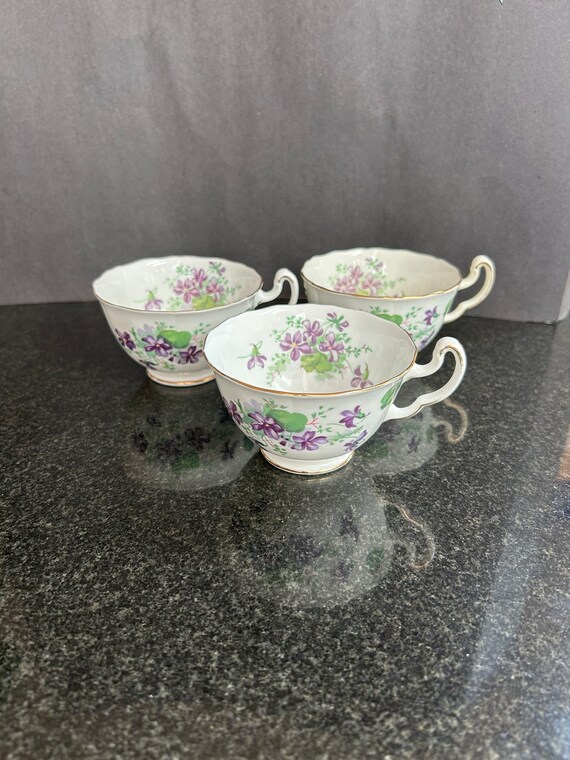 Adderley Bone China Teacup and Saucer Set: Violets Motif, Made in