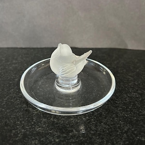 Vintage Lalique Signed Crystal Ring Holder: Frosted Finch Bird