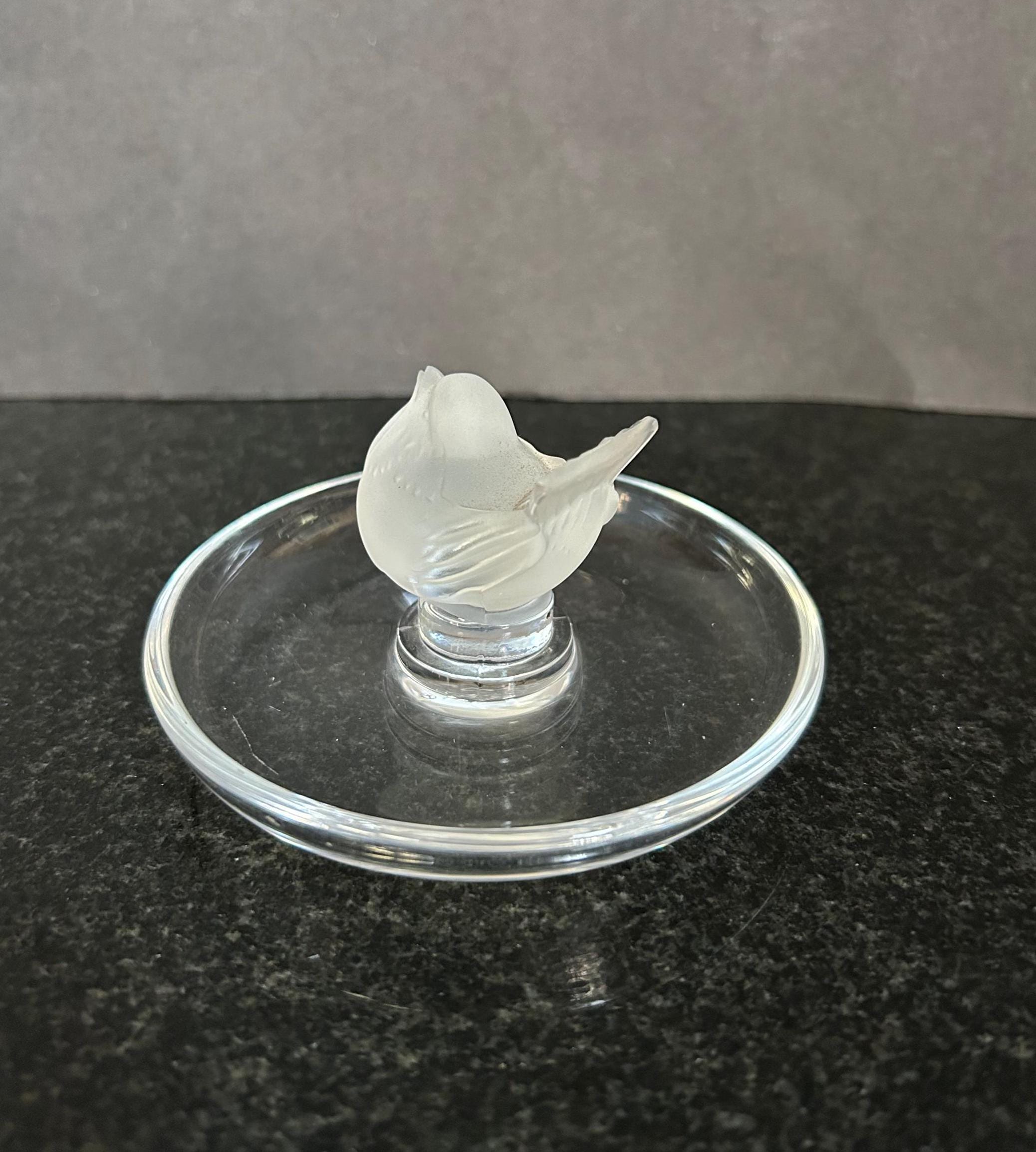 Vintage Lalique Signed Crystal Ring Holder: Frosted Finch Bird
