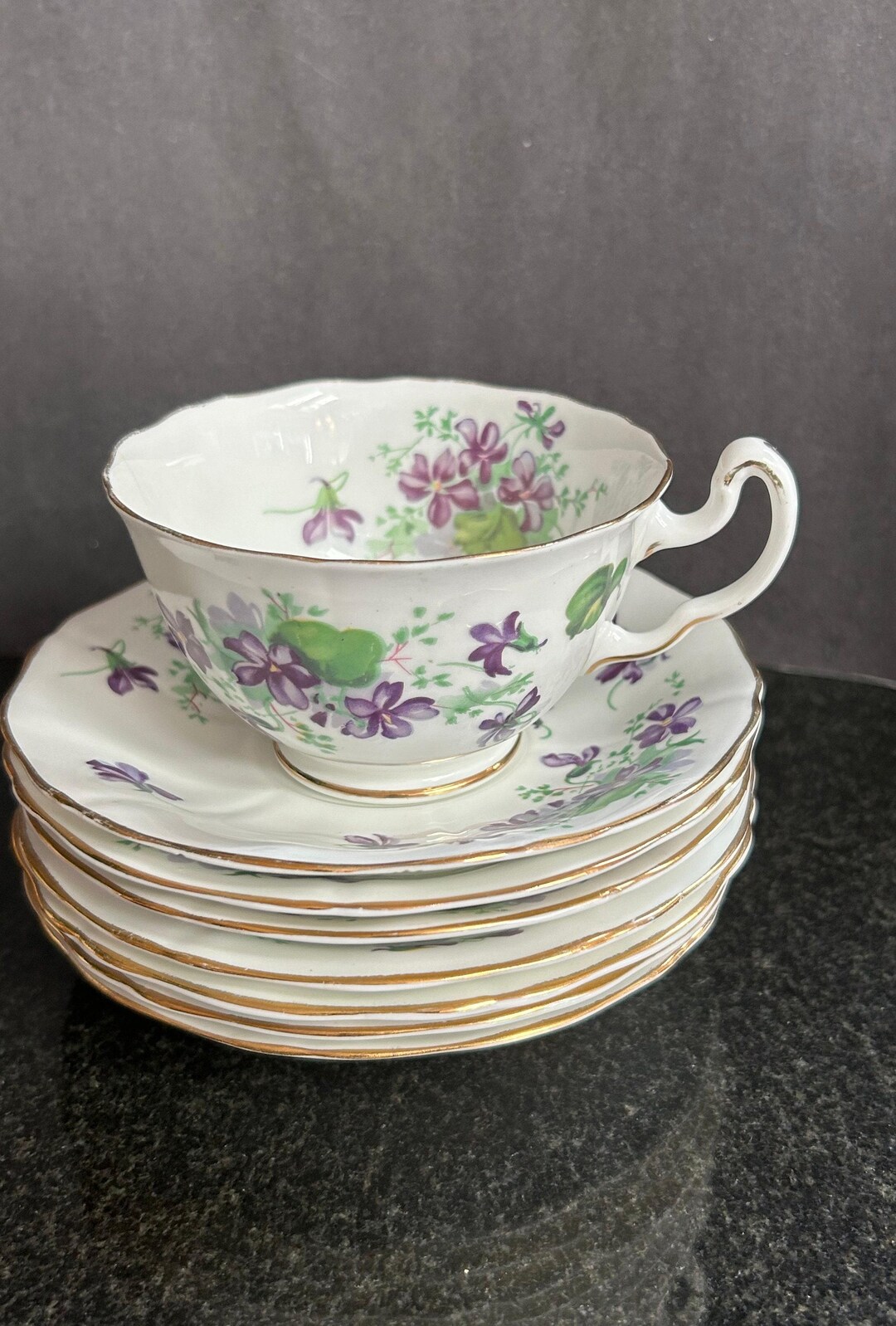 Adderley Bone China Teacup and Saucer Set: Violets Motif, Made in