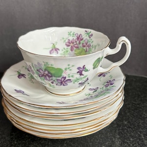 Adderly Bone China Made in England 3 Teacups and Saucers with 3 extra saucers Violets Motif (Hand Painted)