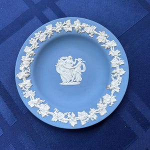May include: A round, light blue plate with a white relief design. The plate features a central scene of figures and a border of grapevines. The plate is likely made of ceramic or porcelain.