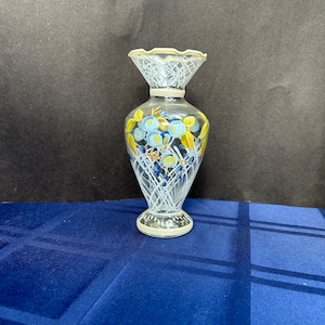 Tracy Porter Hand Painted Glass Bud Vase Ruffle Floral Blue Decor 6.5”