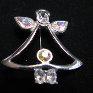 Vintage Silver tone Angel Pin with Iridescent and Clear Rhinestones