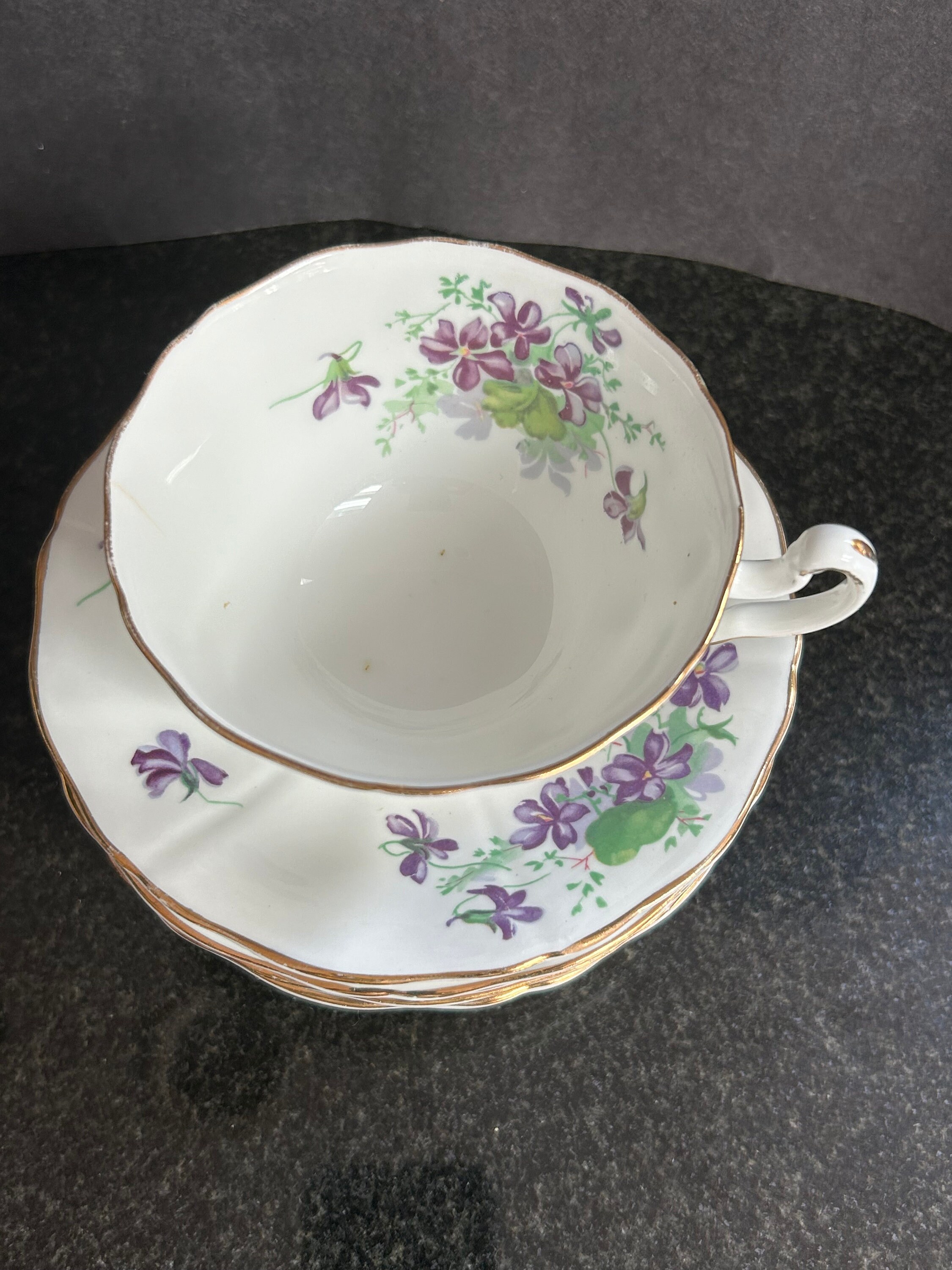 Adderley Bone China Teacup and Saucer Set: Violets Motif, Made in