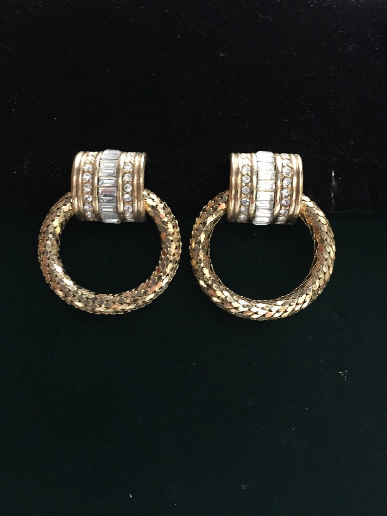 Vintage Signed Whiting and Davis Rhinestone and Gold Tone Clip-on Earrings