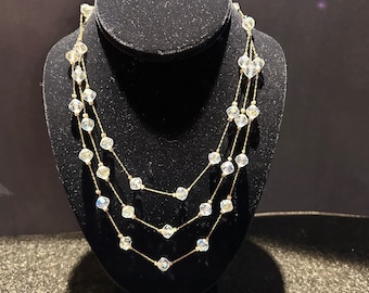 Vintage Multi Strand Crystal and Gold tone Metal Necklace 16"