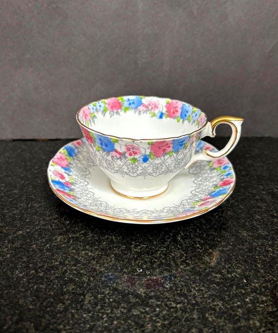 Crown Staffordshire Teacup and Saucer Pink, Blue, Floral, Gold