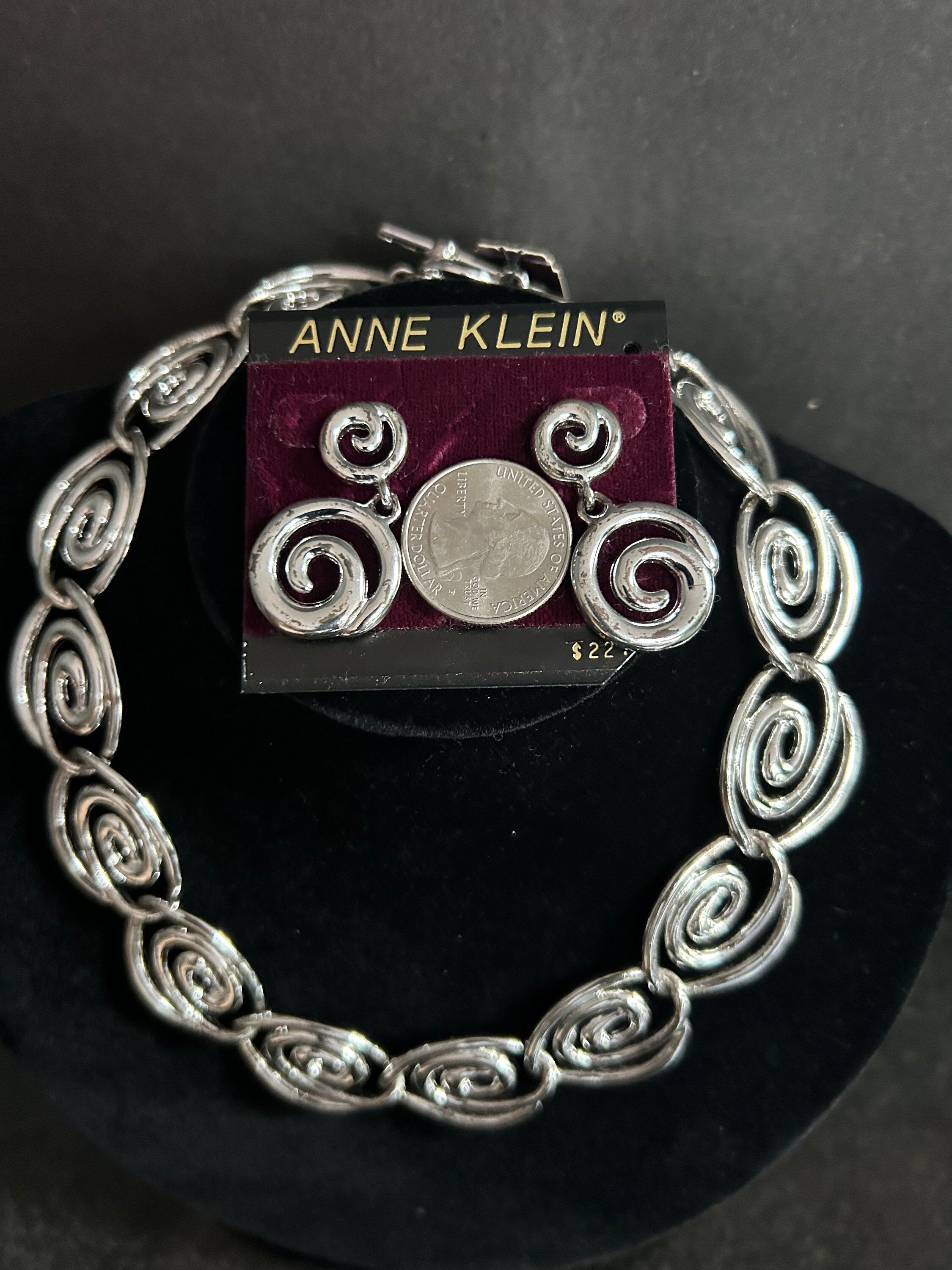 Vintage Anne Klein Silver Tone Large Swirled Choker Necklace and 