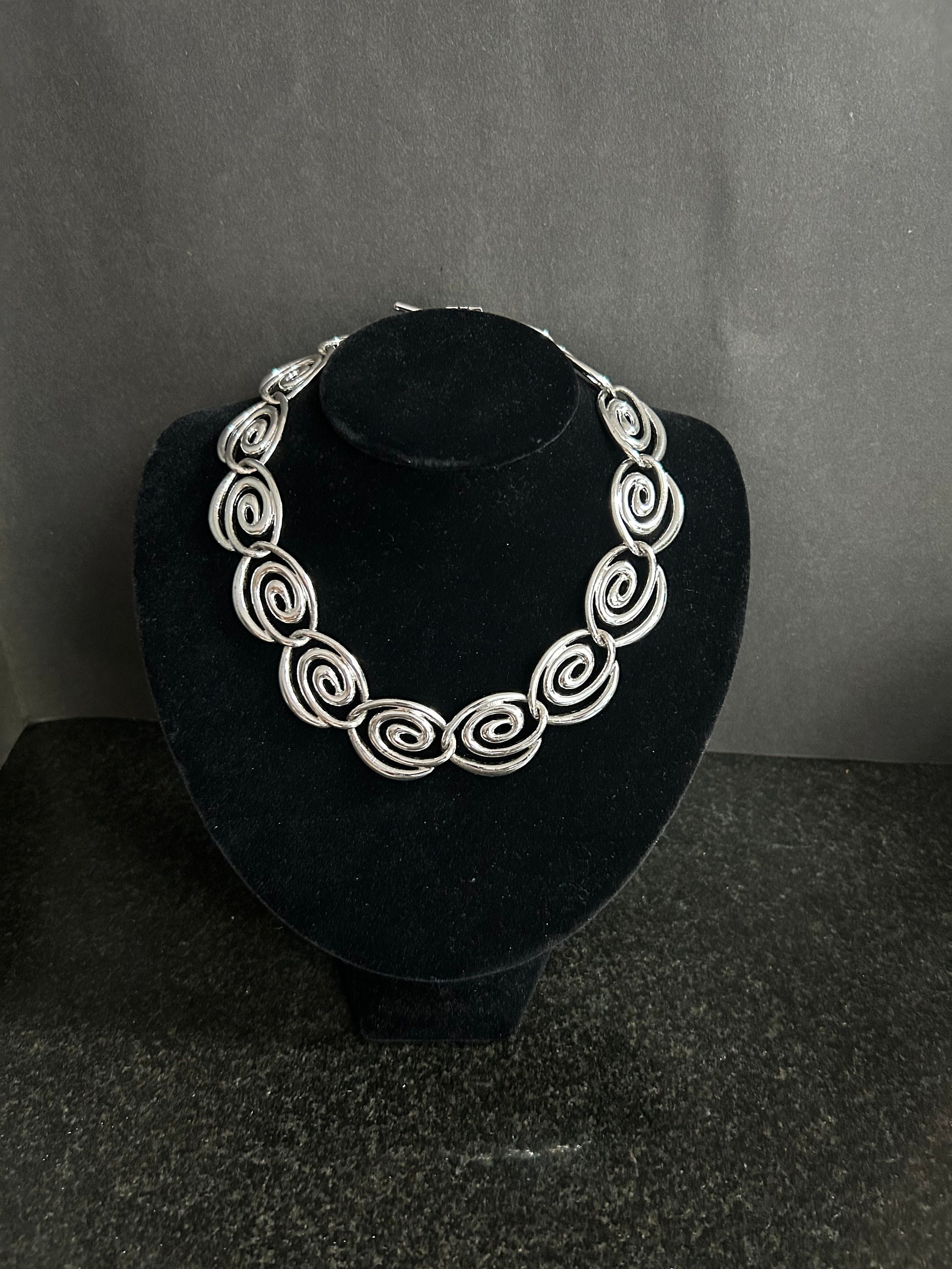 Vintage Anne Klein Silver Tone Large Swirled Choker Necklace and 