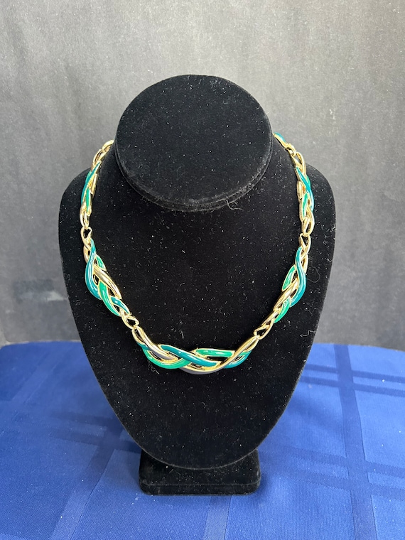 Vintage Trifari Teal green and Gold Necklace - image 5