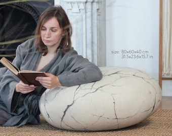 Pouf Stone Wool Felted Ottoman and Footstool: model "White Marble"
