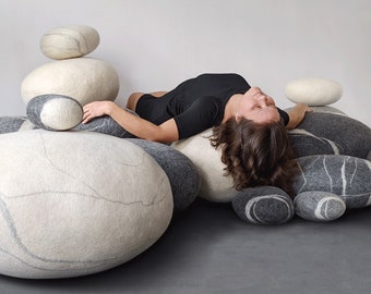 40% Pouf Stone, Wool Felted Ottoman and Footstool, Rock Cushions, Decor: set Now - KATSU