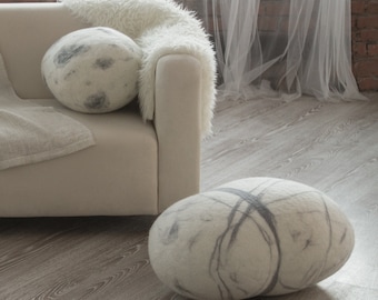 Felted Wool Stone Pouf, White Stone Ottoman, Natural Rock Pillow