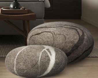 Set of Pouf Stone Wool Felted Ottoman and Footstool  "Harmony set" KATSU