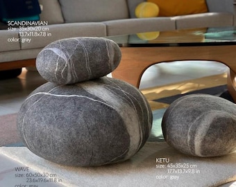 Pouf Felted Wool Stone Ottoman: Handmade Floor Cushion, Rock Pillow - Wave Model