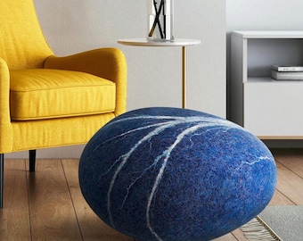 Pouf Wool Stone Ottoman Felt Pebble | Hotel Lobby Spa Museum & Exhibition Decor Statement Piece "Blue Flash" KATSU