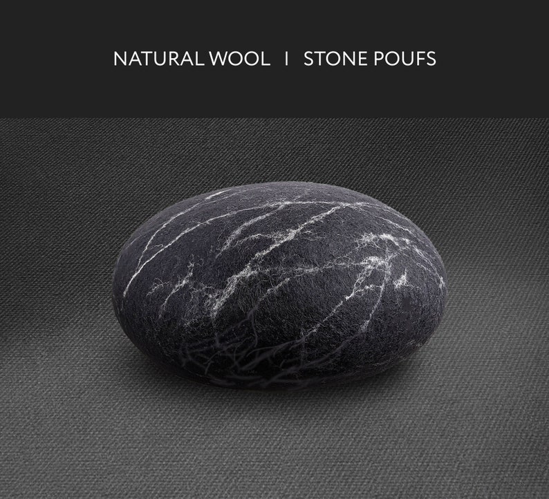 Natural felted wool. Soft stone-pouf. Model Black marble. Like real rock and stone. KATSU is a wool ottomans, pillows, cushions and poufs image 1