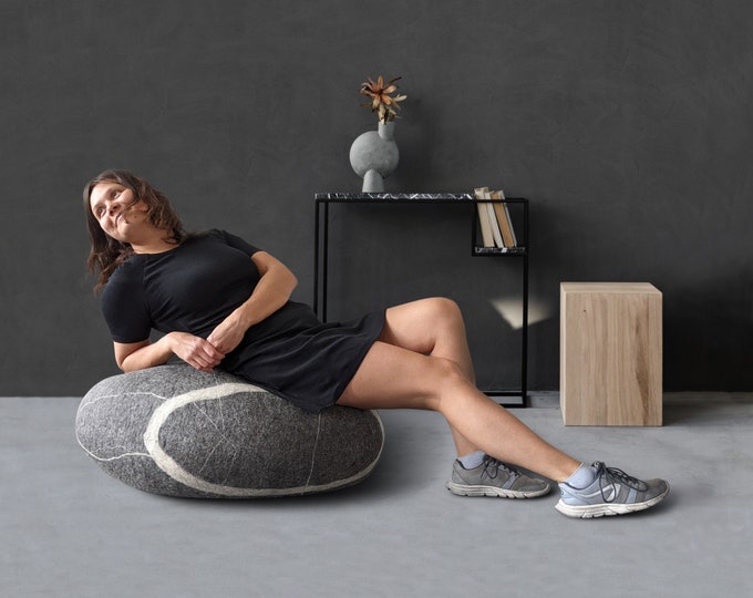Featured listing image: Soft Stone Pouf KATSU – Model Peace Natural Felted Wool Ottoman, Rock-Inspired Floor Cushion, Handmade Home Decor