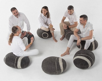 Natural felted wool. Soft stone-poufs. The "Conference Set" 3, 5 or 7 stones In stock. KATSU is a wool cushions, pillows, ottomans and poufs