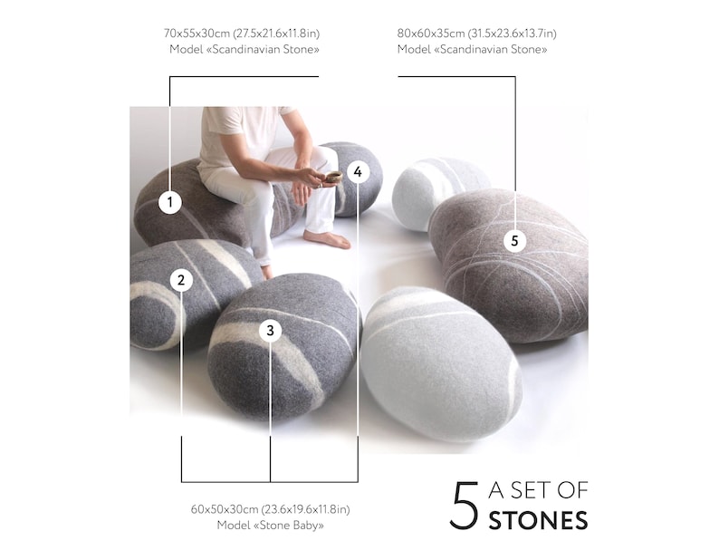 Natural felted wool. Soft stone-poufs. The Conference Set 3, 5 or 7 stones In stock. KATSU is a wool cushions, pillows, ottomans and poufs A set of 5 stones