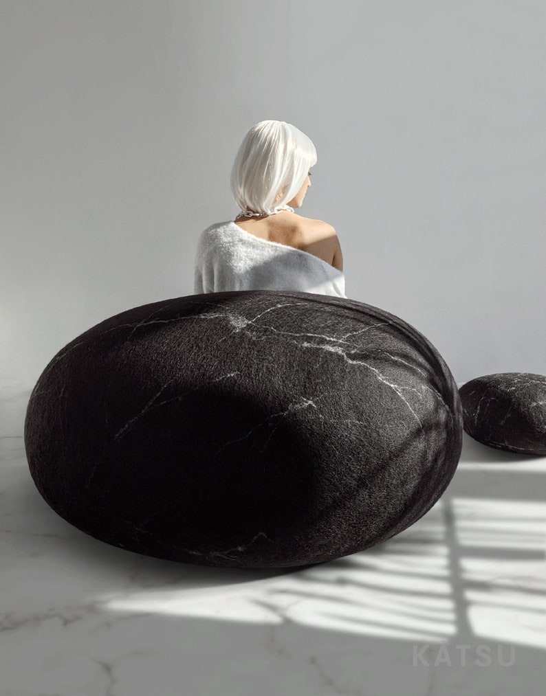 Natural felted wool. Soft stone-pouf. Model Black marble. Like real rock and stone. KATSU is a wool ottomans, pillows, cushions and poufs image 3