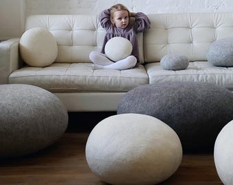 Solid Stone Pouf – Felted Wool Ottoman, Soft Floor Cushion, Rock Pillow for Living Room, Meditation, Nursery or Studio by KATSU