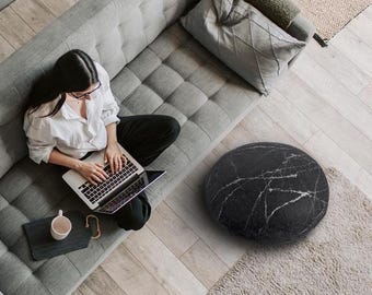 Natural felted wool. Soft stone-pouf. Model *Black marble*. Like real rock and stone. KATSU is a wool ottomans, pillows, cushions and poufs