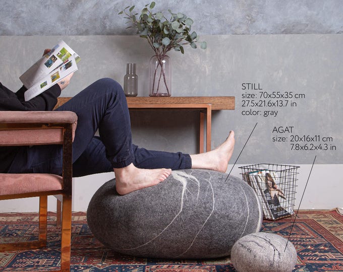 Featured listing image: Pouf Wool Stone Footstool Felt Pebble Rock | Cozy Living Room Ottoman Decor «Still» KATSU