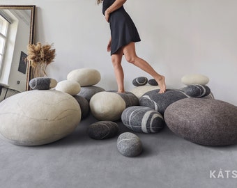 Felt Stone Pouf Set "Now" – Handmade Wool Rock Cushions, Nature-Inspired Floor Seating, Modern Home & Playroom Decor, Ottoman, Poufs