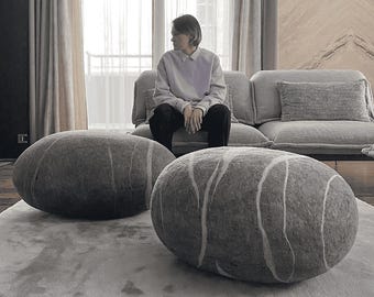 Natural felted wool. Soft stone-pouf. Model «Sea Pebble». Like real rocks and stones. KATSU is a wool ottomans, pillows, cushions and poufs