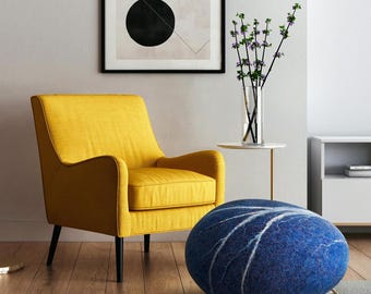 Blue Flash Stone Pouf – Unique Wool Ottoman, Handmade Floor Cushion, Modern Home Decor, Gift Idea, Designer Pillow by KATSU