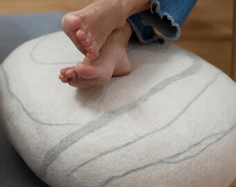 IN STOCK -30%. Soft stone-pouf Katsu, Model *White Zen*. Natural felted wool. 1 day shipping