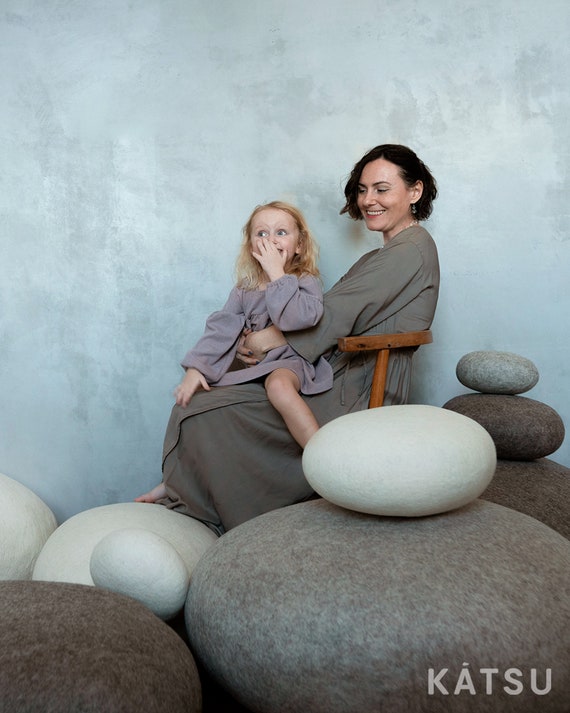 Floor Cushion Pebble Pillows, wool pillows, stone cushion, footstool ottoman rock, pouf stones — Set "Solid rocks" by KATSU
