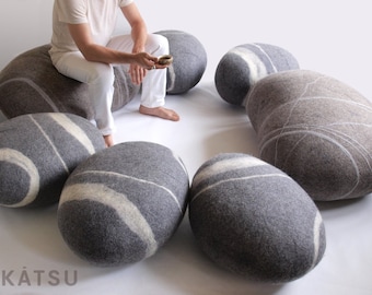 Natural felted wool. Soft stone-poufs. The "Conference Set" 3, 5 or 7 stones In stock. KATSU is a wool cushions, pillows, ottomans and poufs