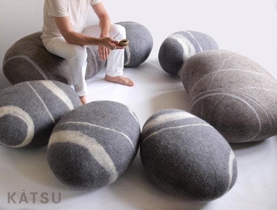 Natural felted wool. Soft stone-poufs. The "Conference Set" 3, 5 or 7 stones In stock. KATSU is a wool cushions, pillows, ottomans and poufs