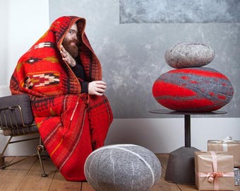 IN STOCK -30%. Wool stone pouf ottoman, floor cushion, wool pillow, rock pillow, stone pillow, pebble living throw pillow — Model *Red Mars*
