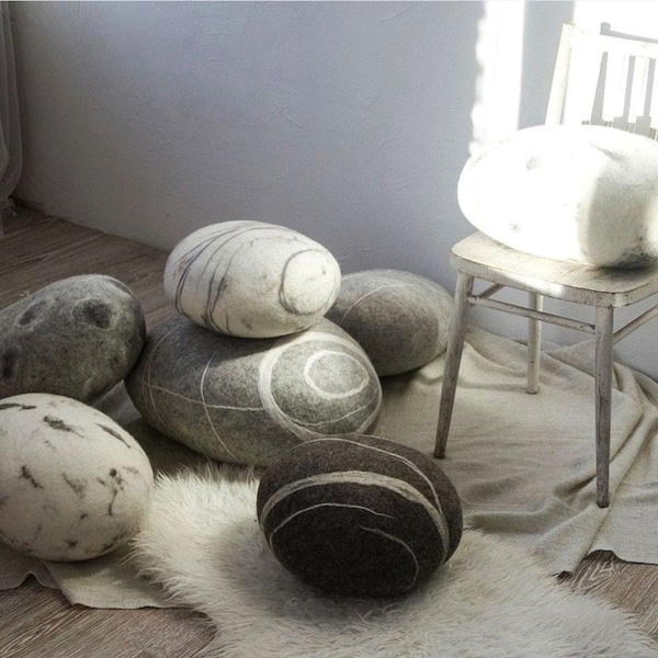 Set Frost. Natural felted wool. Made of soft natural wool. Like real rocks. KATSU is a stone-like wool ottomans, pillows and poufs.