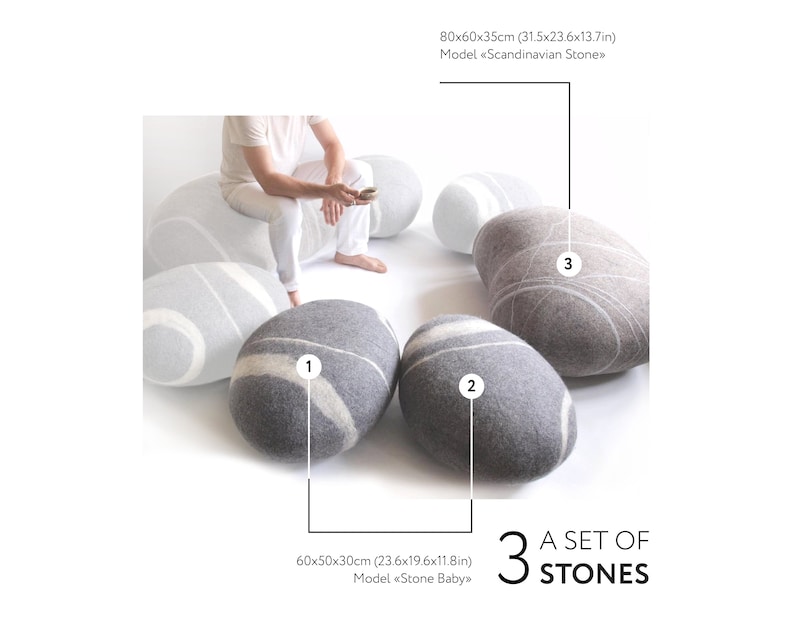 Natural felted wool. Soft stone-poufs. The Conference Set 3, 5 or 7 stones In stock. KATSU is a wool cushions, pillows, ottomans and poufs A set of 3 stones