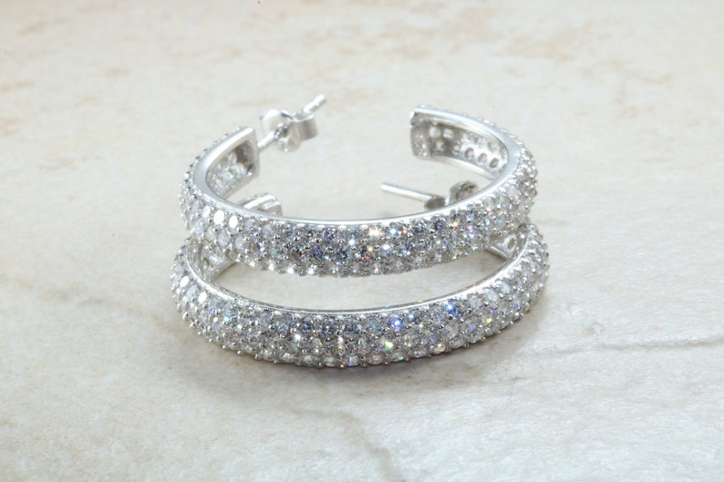 high polished finish light weight and comfortable to wear 30 mm round cubic zirconia set Silver Huggie hoop earrings top grade AAAA C Z