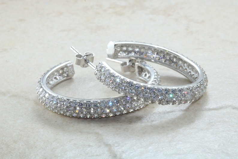high polished finish light weight and comfortable to wear 30 mm round cubic zirconia set Silver Huggie hoop earrings top grade AAAA C Z