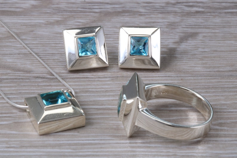 full set to include ring earrings and necklace made from solid sterling silver Real blue Topaz jewellery gift set just the perfect gift