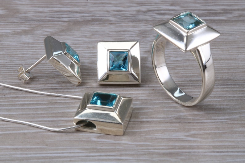 full set to include ring earrings and necklace made from solid sterling silver Real blue Topaz jewellery gift set just the perfect gift
