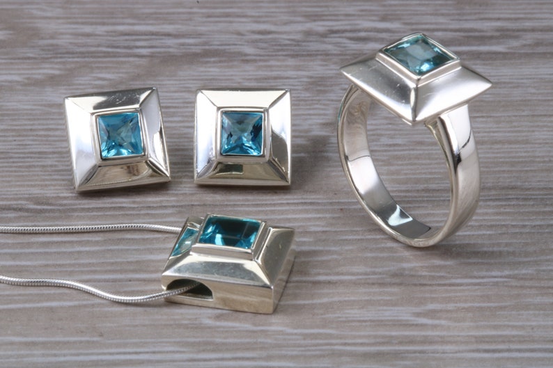 full set to include ring earrings and necklace made from solid sterling silver Real blue Topaz jewellery gift set just the perfect gift
