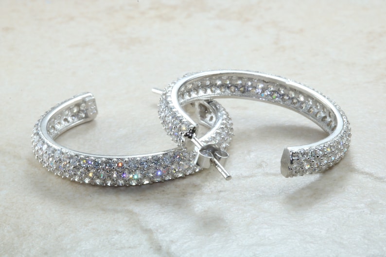 high polished finish light weight and comfortable to wear 30 mm round cubic zirconia set Silver Huggie hoop earrings top grade AAAA C Z