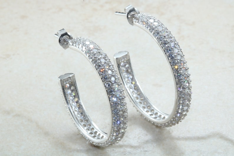 high polished finish light weight and comfortable to wear 30 mm round cubic zirconia set Silver Huggie hoop earrings top grade AAAA C Z