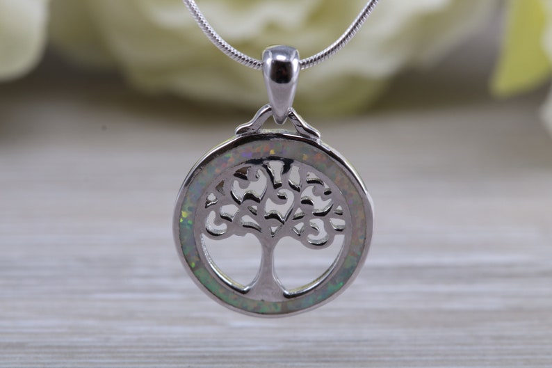 Tree of Life necklace set with fiery White Opal sterling silver ring further rhodium plated for that platinum look
