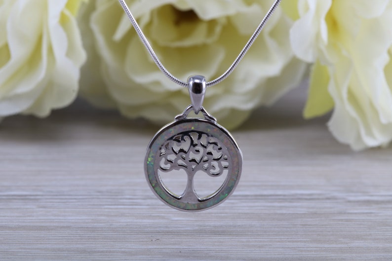 Tree of Life necklace set with fiery White Opal sterling silver ring further rhodium plated for that platinum look